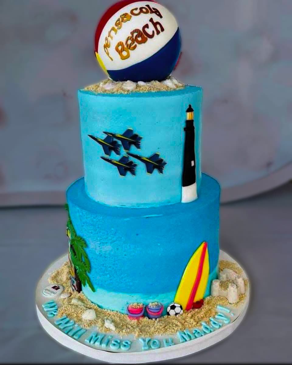Blue Angels themed military cake with aircraft and Pensacola Beach details by Sweet Cakes by Kristen