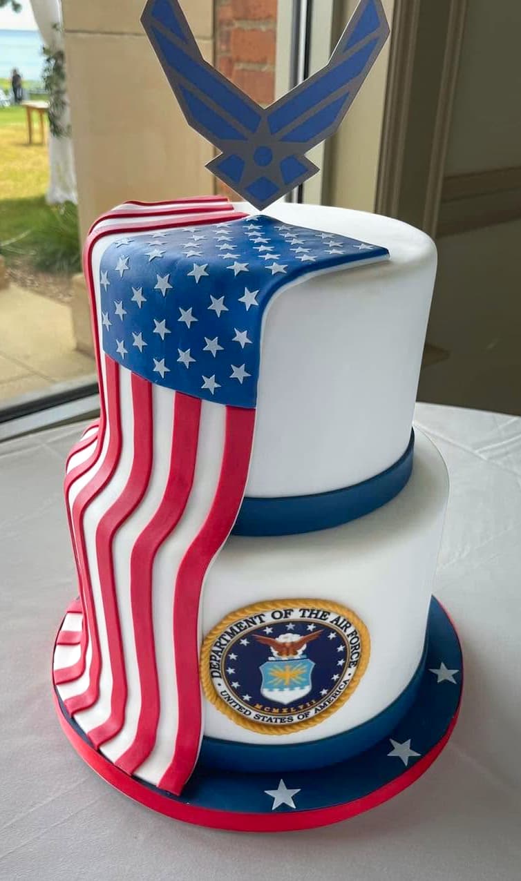 Patriotic Air Force retirement cake with American flag and military emblem by Sweet Cakes by Kristen