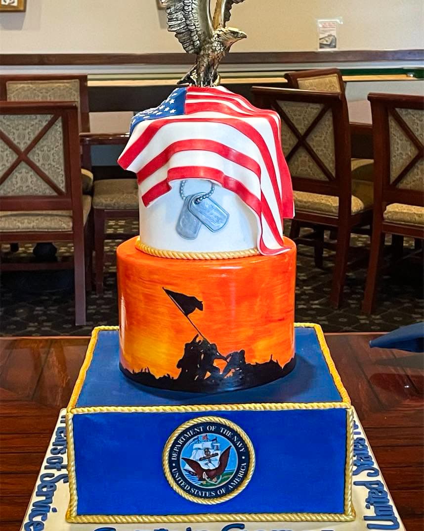 Military retirement cake with patriotic red white and blue details and service insignia by Sweet Cakes by Kristen