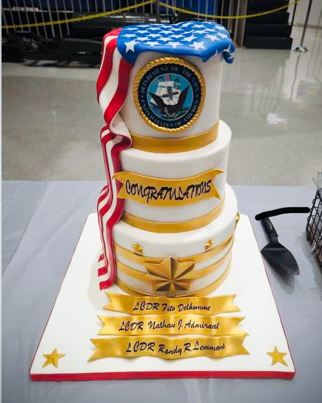 Tiered military retirement cake with service emblem, stars and personalized retirement details by Sweet Cakes by Kristen