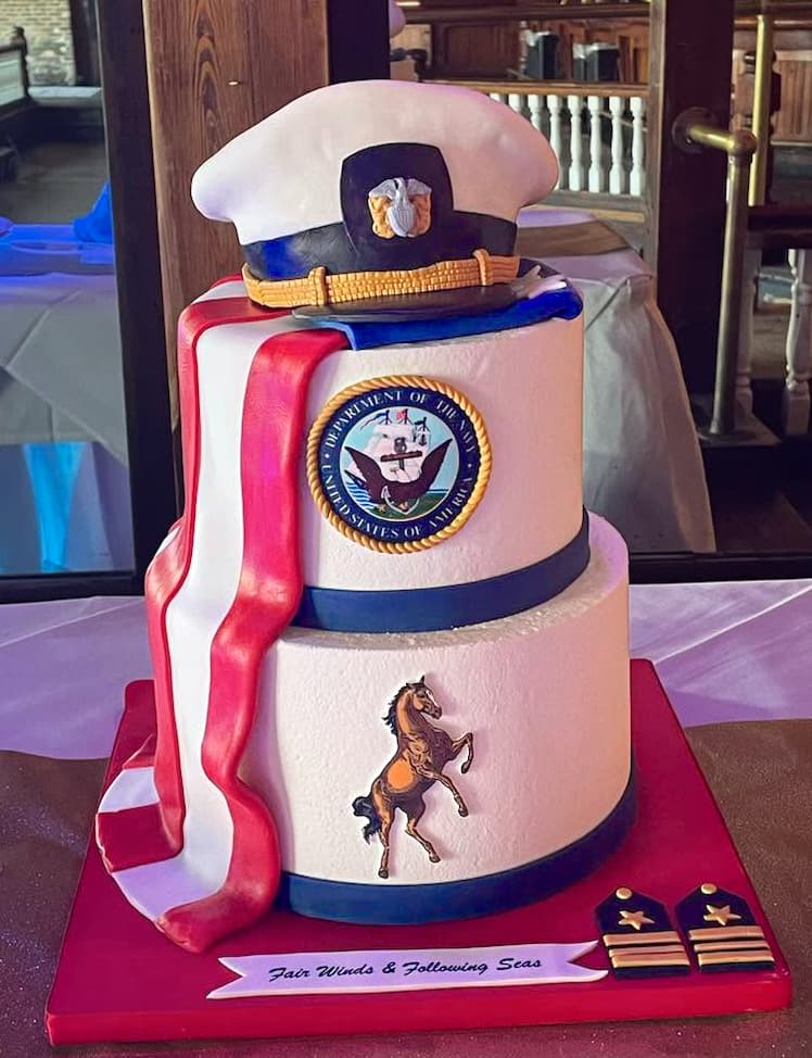 Navy retirement cake with sailor cap, Navy emblem and patriotic details by Sweet Cakes by Kristen