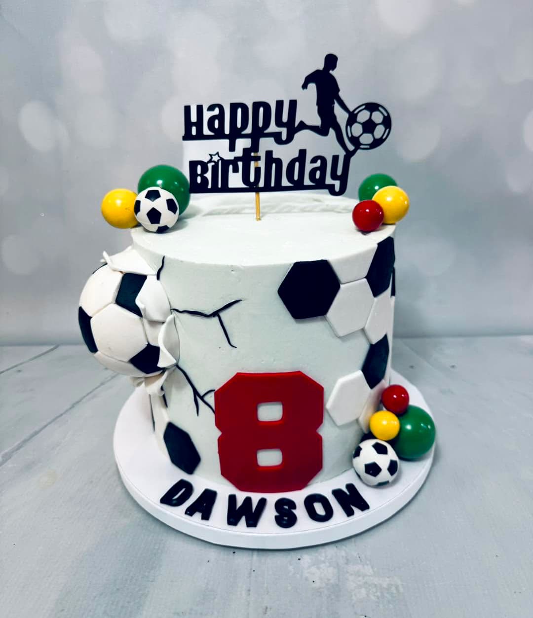 Custom soccer-themed birthday cake by Sweet Cakes by Kristen