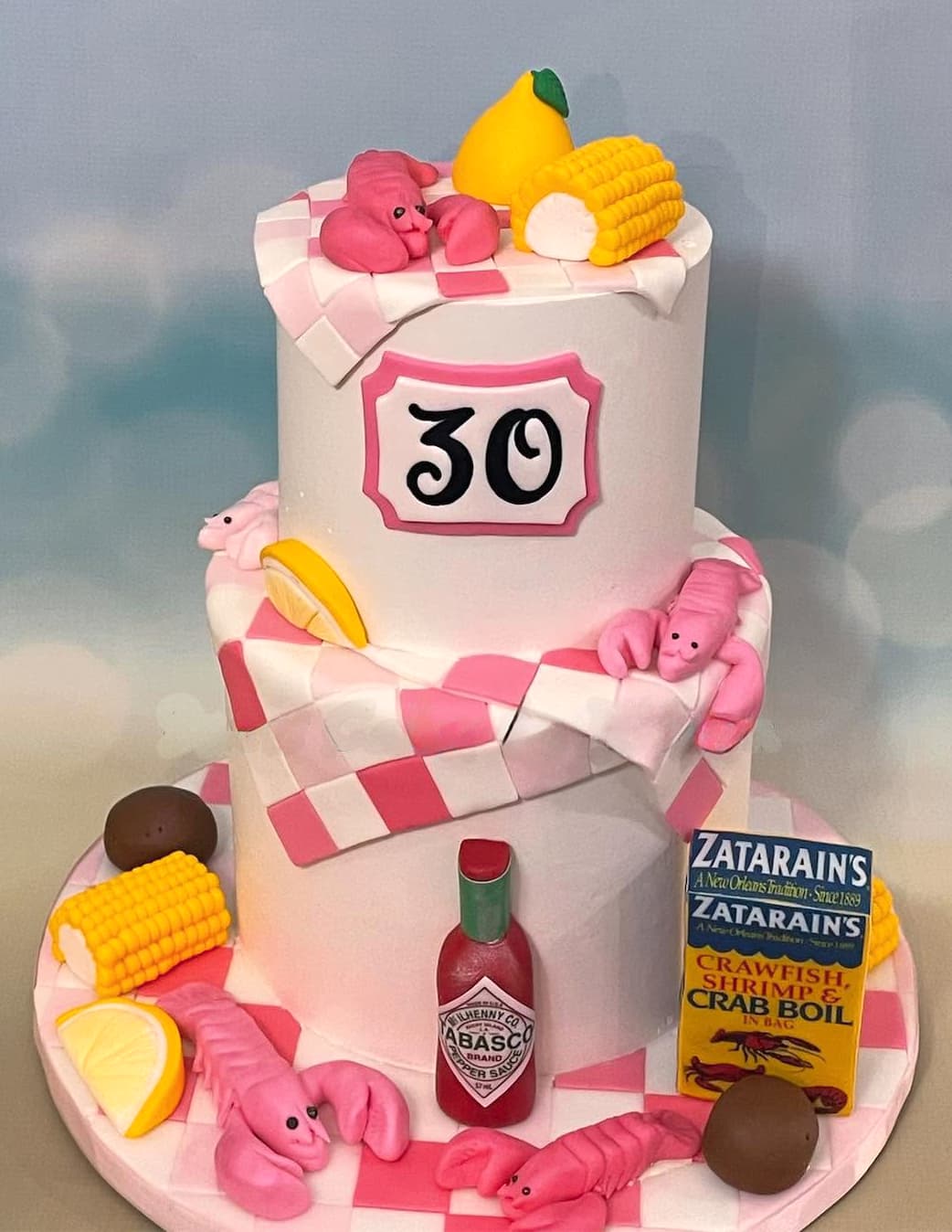 Crawfish boil themed birthday cake with shrimp corn and Cajun details by Sweet Cakes by Kristen
