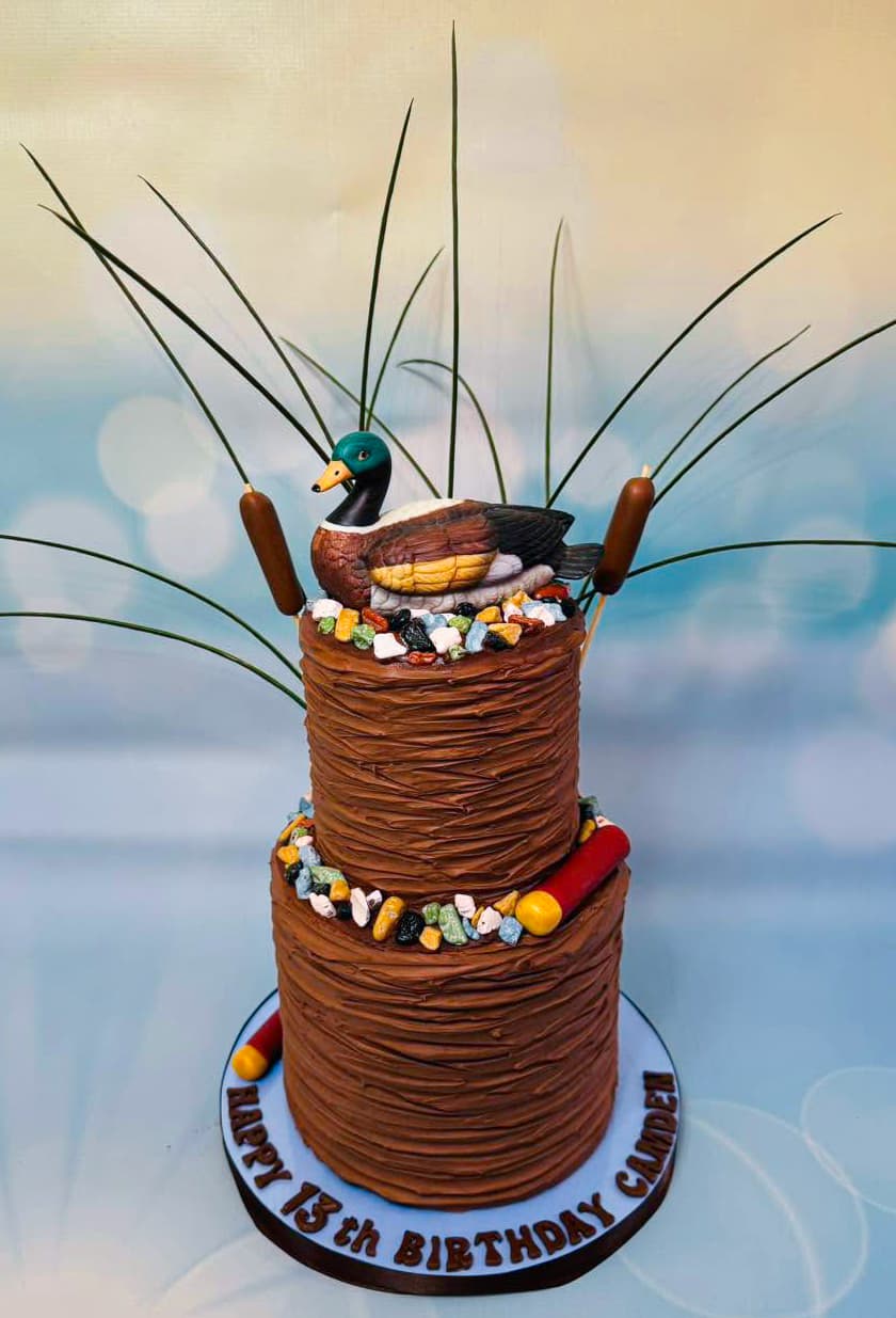 Rustic hunting themed birthday cake with duck cattails and outdoor details by Sweet Cakes by Kristen