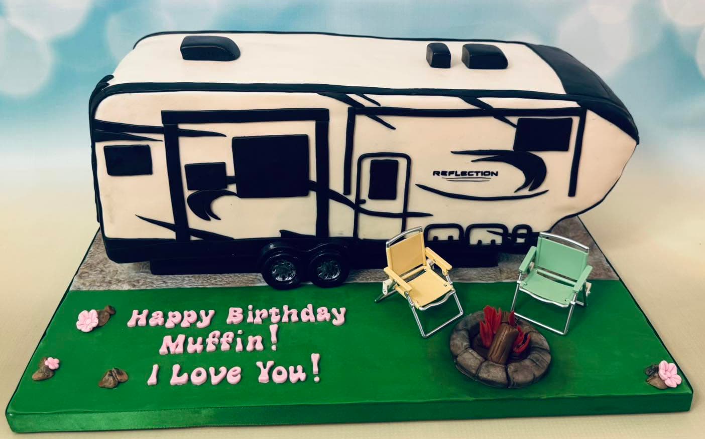 RV camping themed birthday cake with camper and campsite details by Sweet Cakes by Kristen