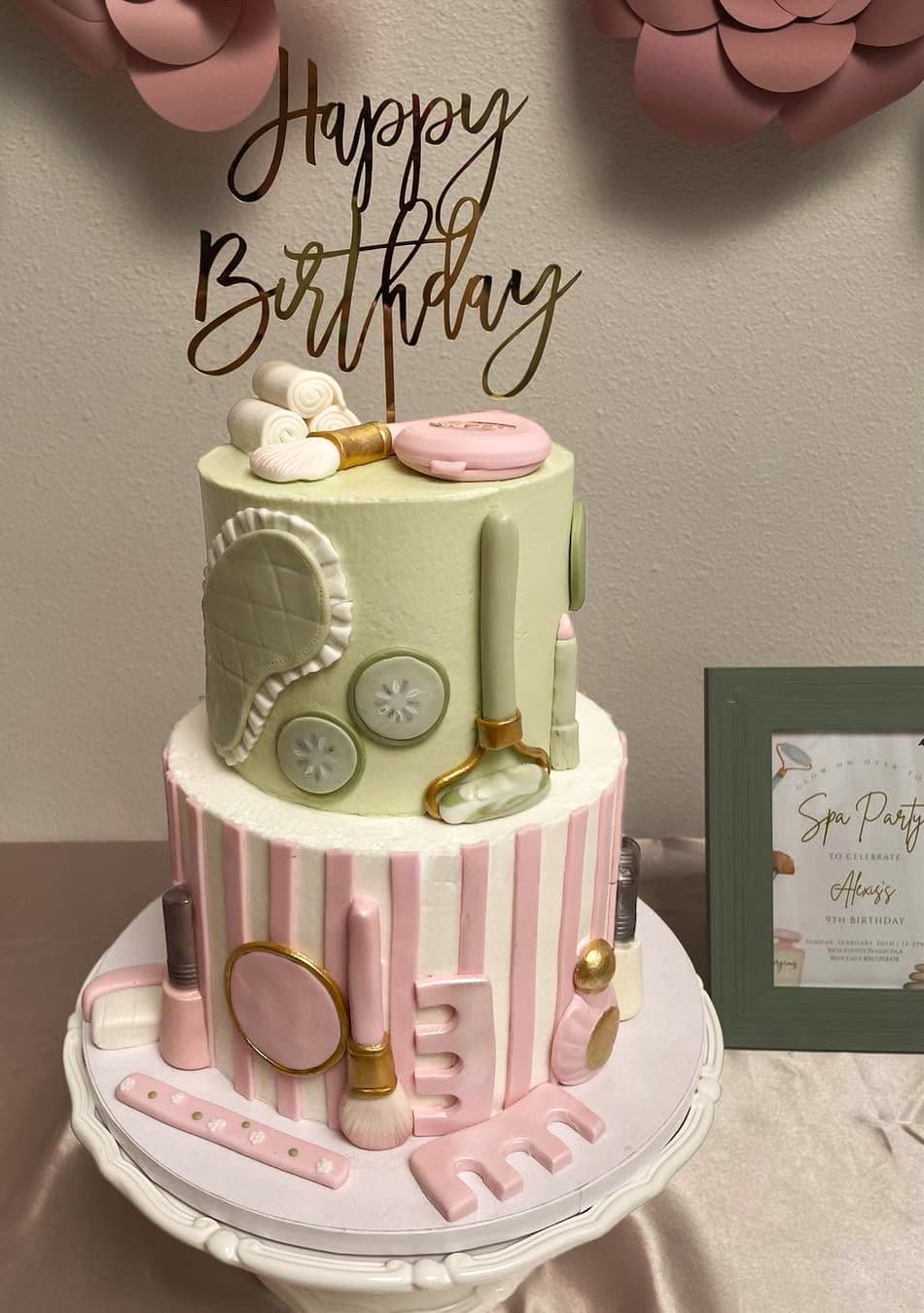 Spa themed birthday cake with makeup beauty and self-care decorations by Sweet Cakes by Kristen