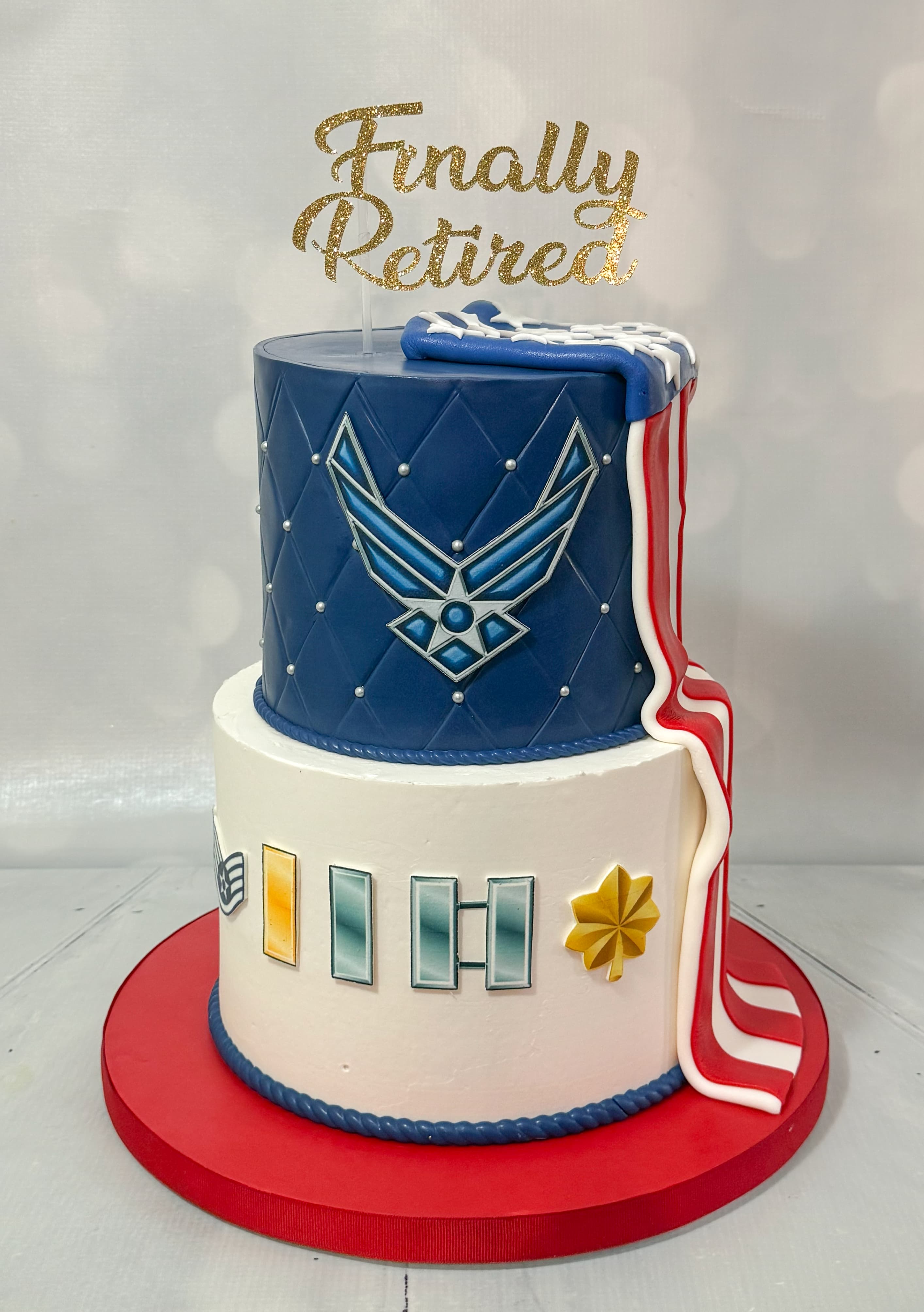Military retirement cake with service and patriotic details by Sweet Cakes by Kristen