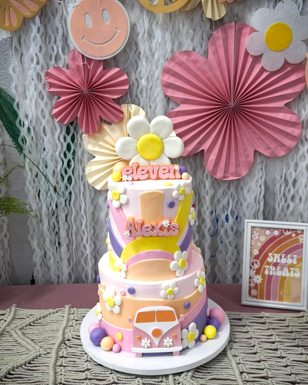 Colorful groovy themed custom cake by Sweet Cakes by Kristen
