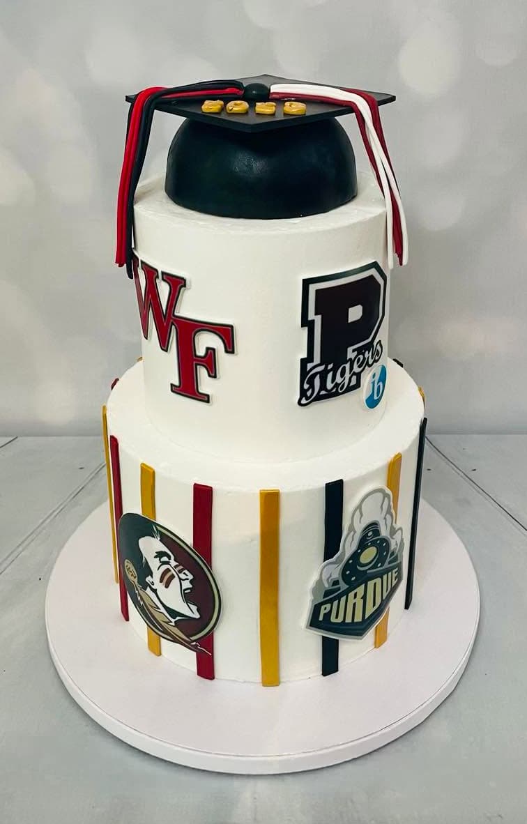 Gold and red graduation celebration cake by Sweet Cakes by Kristen
