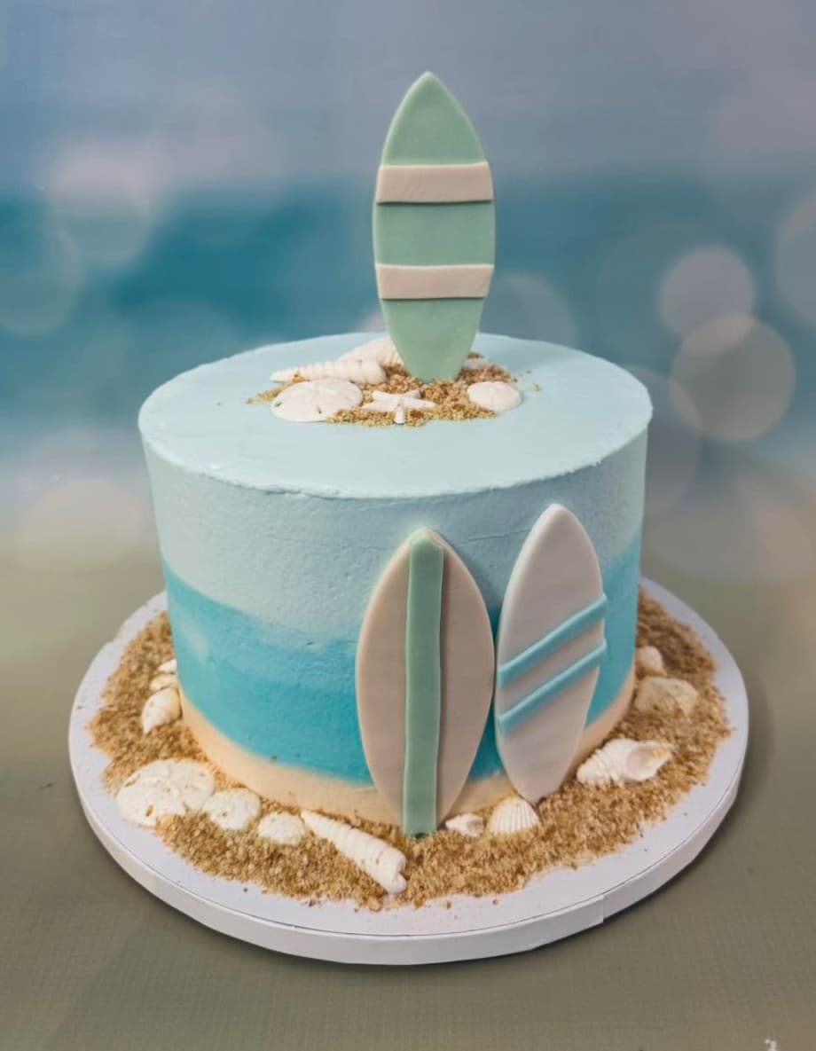 Surf-themed beach celebration cake by Sweet Cakes by Kristen